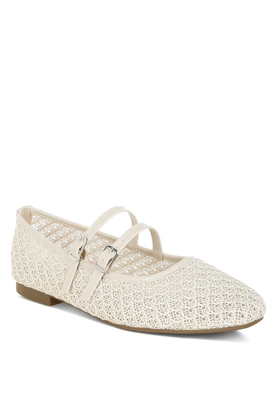 Front angle of Warena Pin Buckle Ballerinas in beige, raffia and faux leather mix with square toe