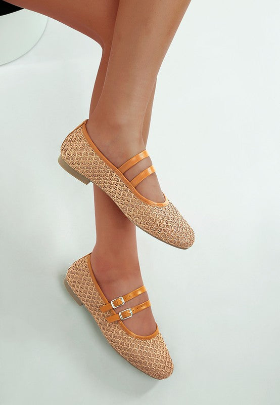 Warena Ballerinas in tan, raffia detail with cushioned heel design