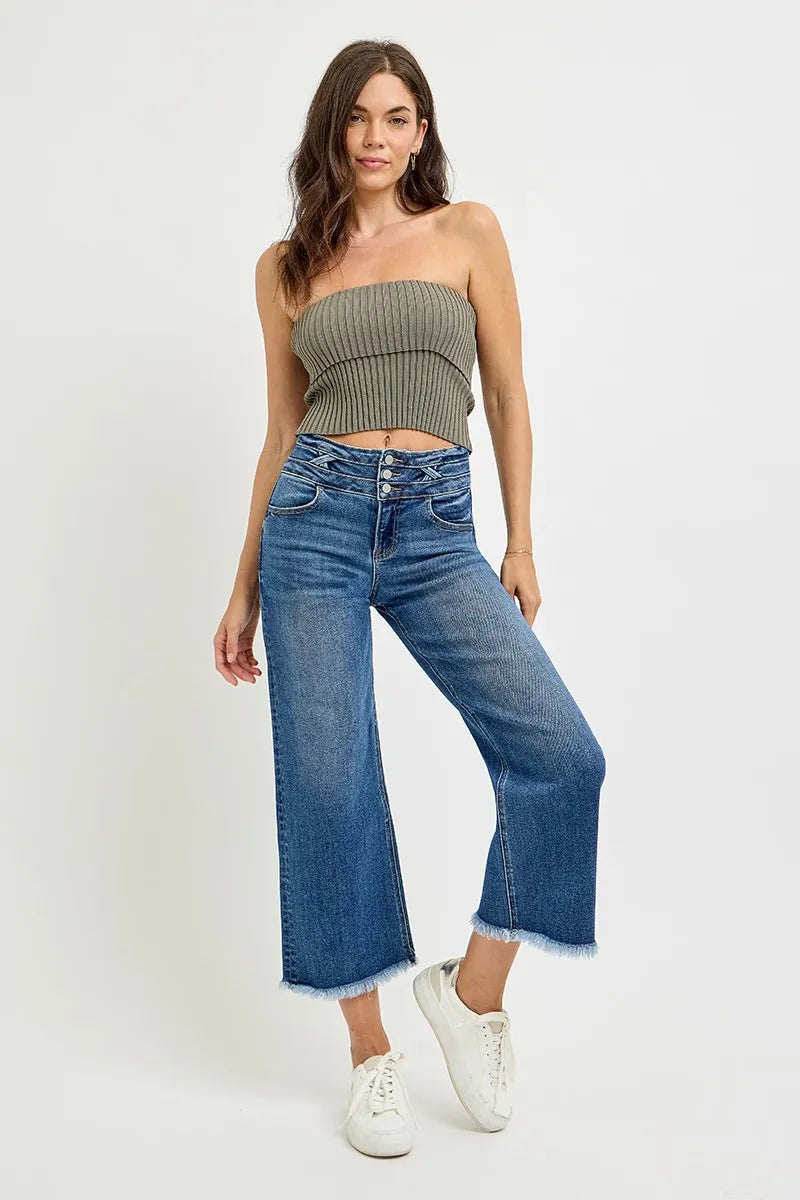RISEN Esmé wide leg crop jeans styled in dark wash with wide band waist and raw hem.