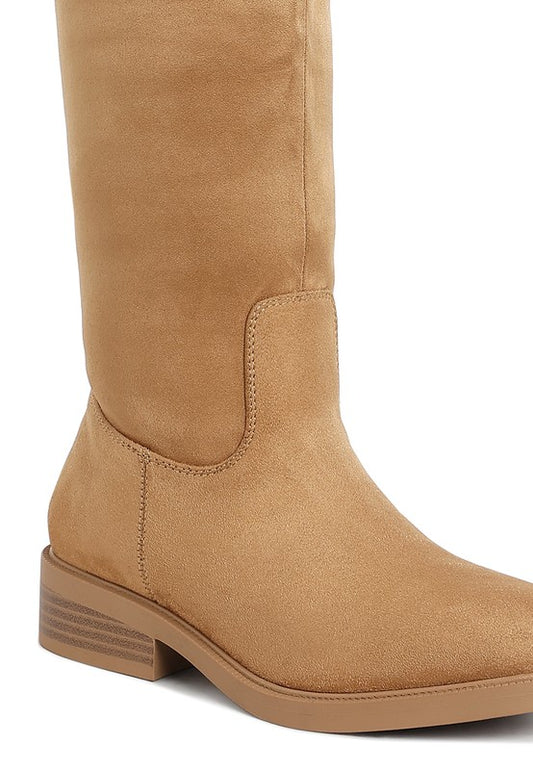 Chiru Round Toe Microfiber Calf Boots taupe close up of round toe and stitching