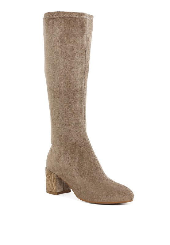 Sinaloa Microfiber Knee High Boots Taupe front angle highlighting block heel