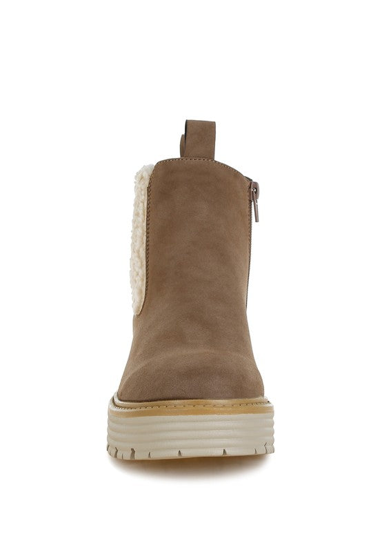 Front view of Taupe Mothman Chunky Ankle Boots with rounded toe, faux fur detail, and microfiber finish.