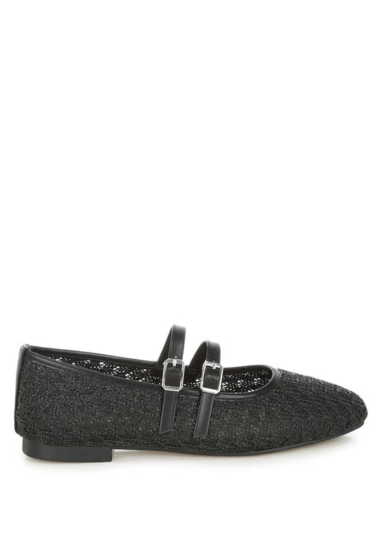 Side angle of Warena Ballerinas in black, adjustable buckle straps over midfoot
