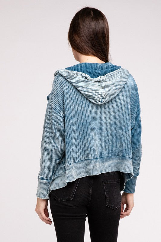 Back view of Teal Hanna Acid Wash Hooded Jacket, showing hood and fabric detail.
