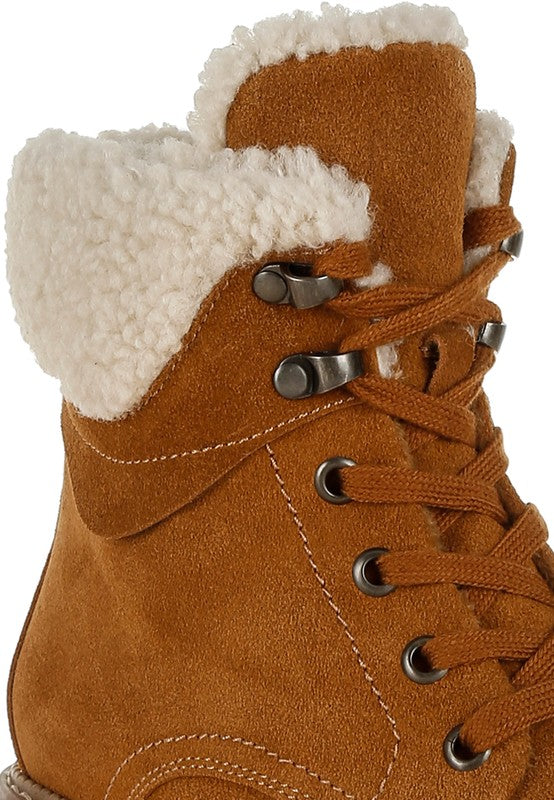 Close-up of Tan Madoka Chunky Ankle Boots showing suede finish and faux fur collar detail.