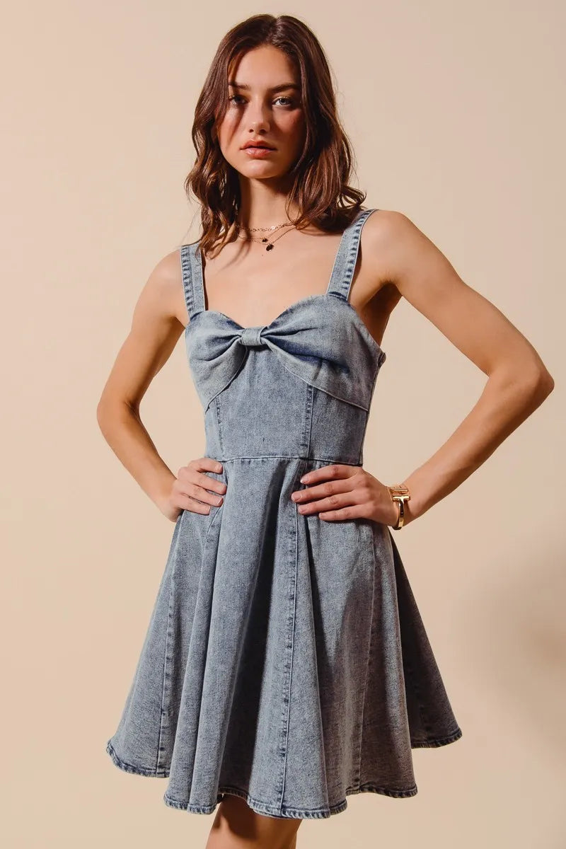 Cassidy Mini Dress front view emphasizing the tied bow accent and flattering A-line shape.