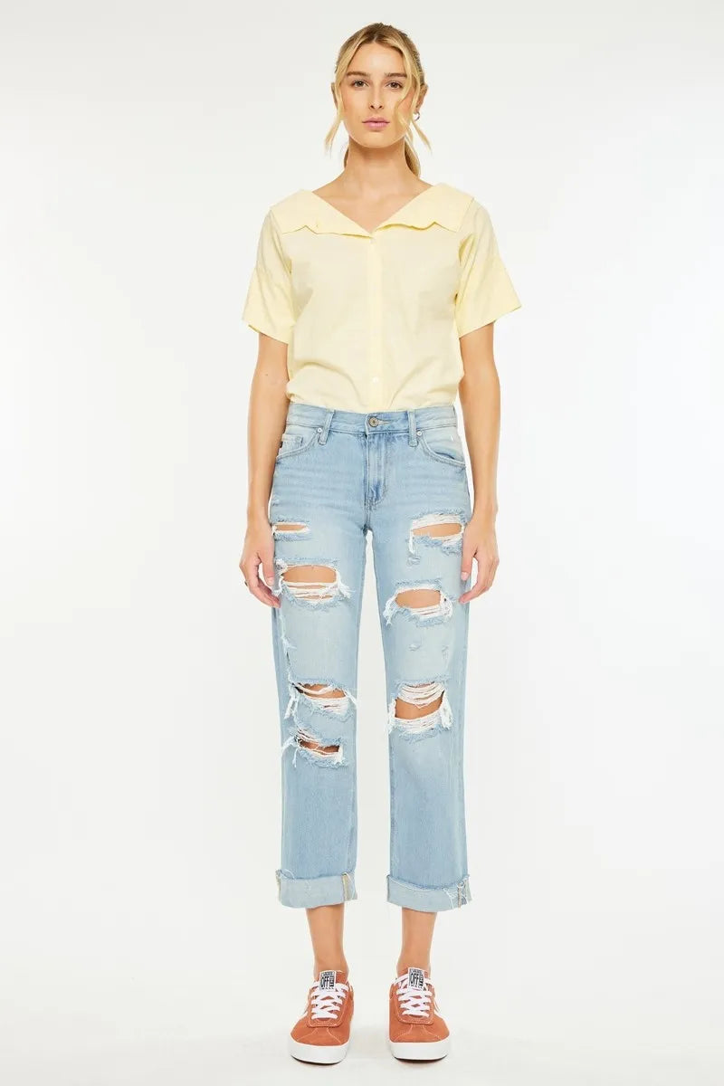 Classic front view of Cordelia Mid Rise Boyfriend Jeans, medium wash denim with light distressing and relaxed fit.