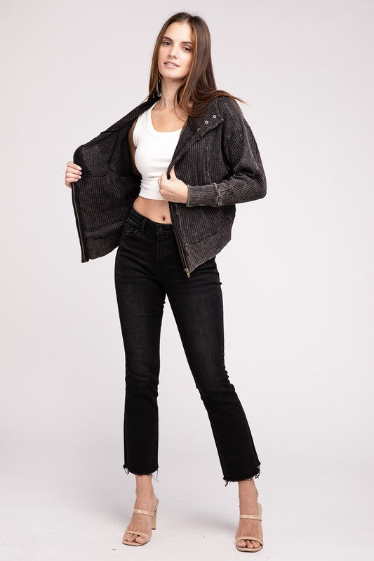 Full-body view of model in Ash Black Hanna Acid Wash Hooded Jacket with casual styling.