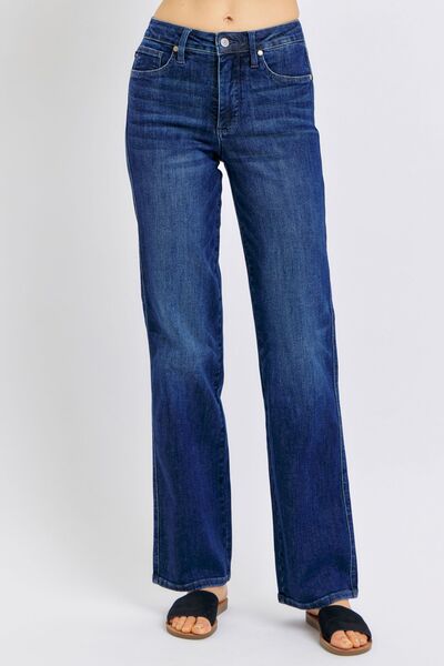 Donna Tummy Control Straight Jeans by Judy Blue in dark wash, featuring a high waist, straight leg silhouette, tummy control design, and moderate stretch fabric.