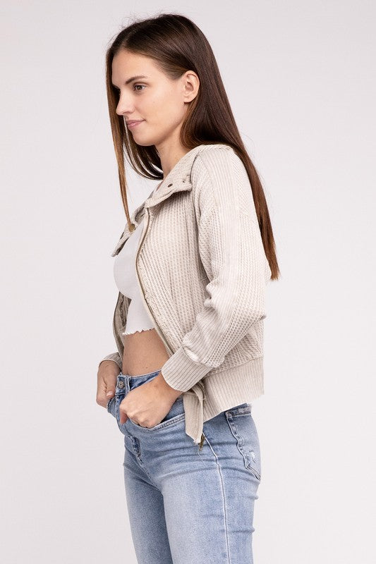 Side view of Light Mocha Hanna Acid Wash Hooded Jacket, showing sleeve and fit.