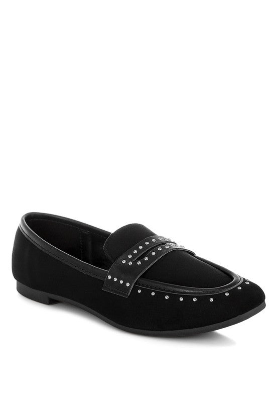 Front angle of Black Lumina Penny Strap Studded Loafers with square toe and penny strap design.