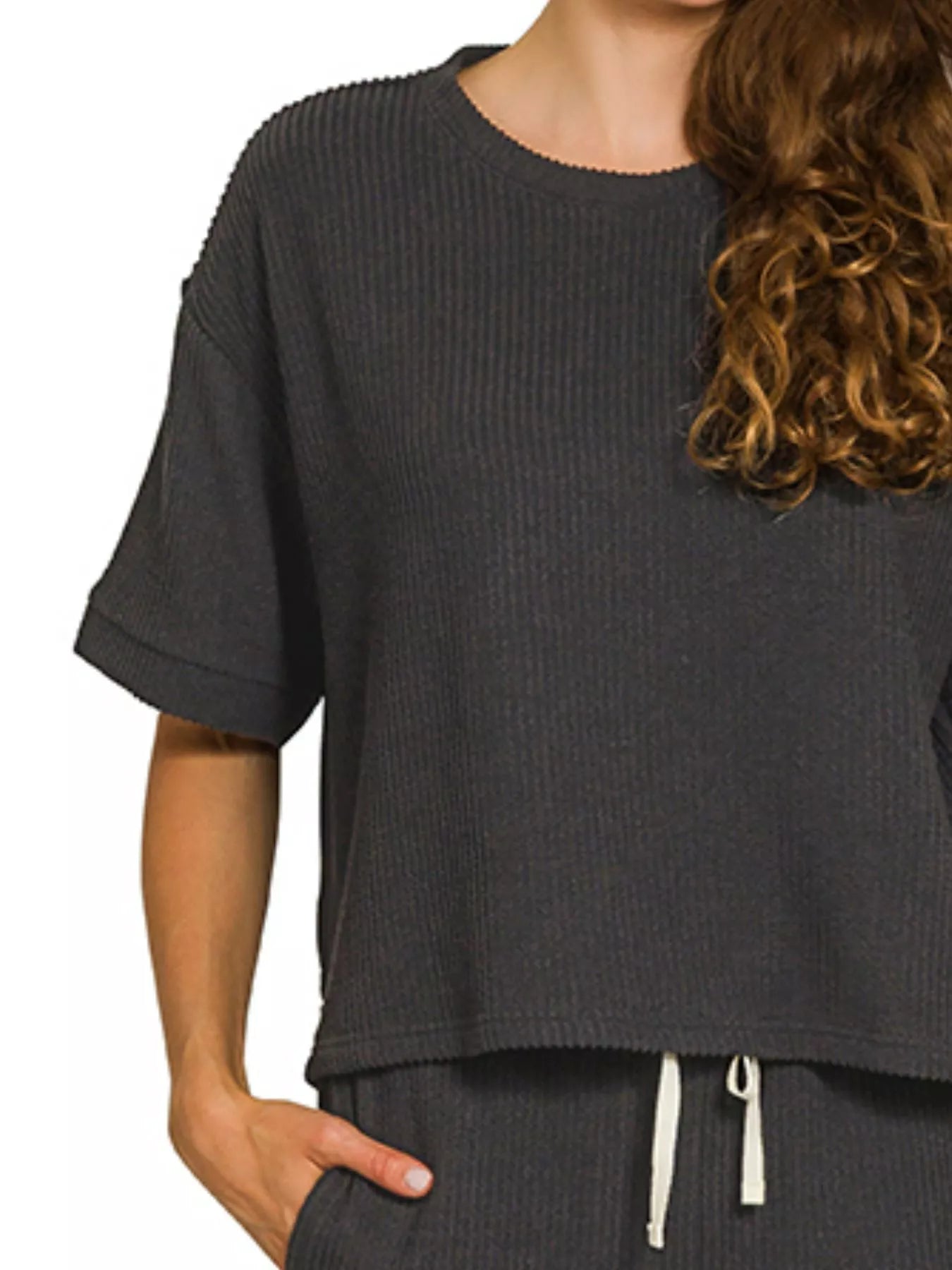 Meg Raised Rib Set Black close up – ribbed fabric texture on tee.