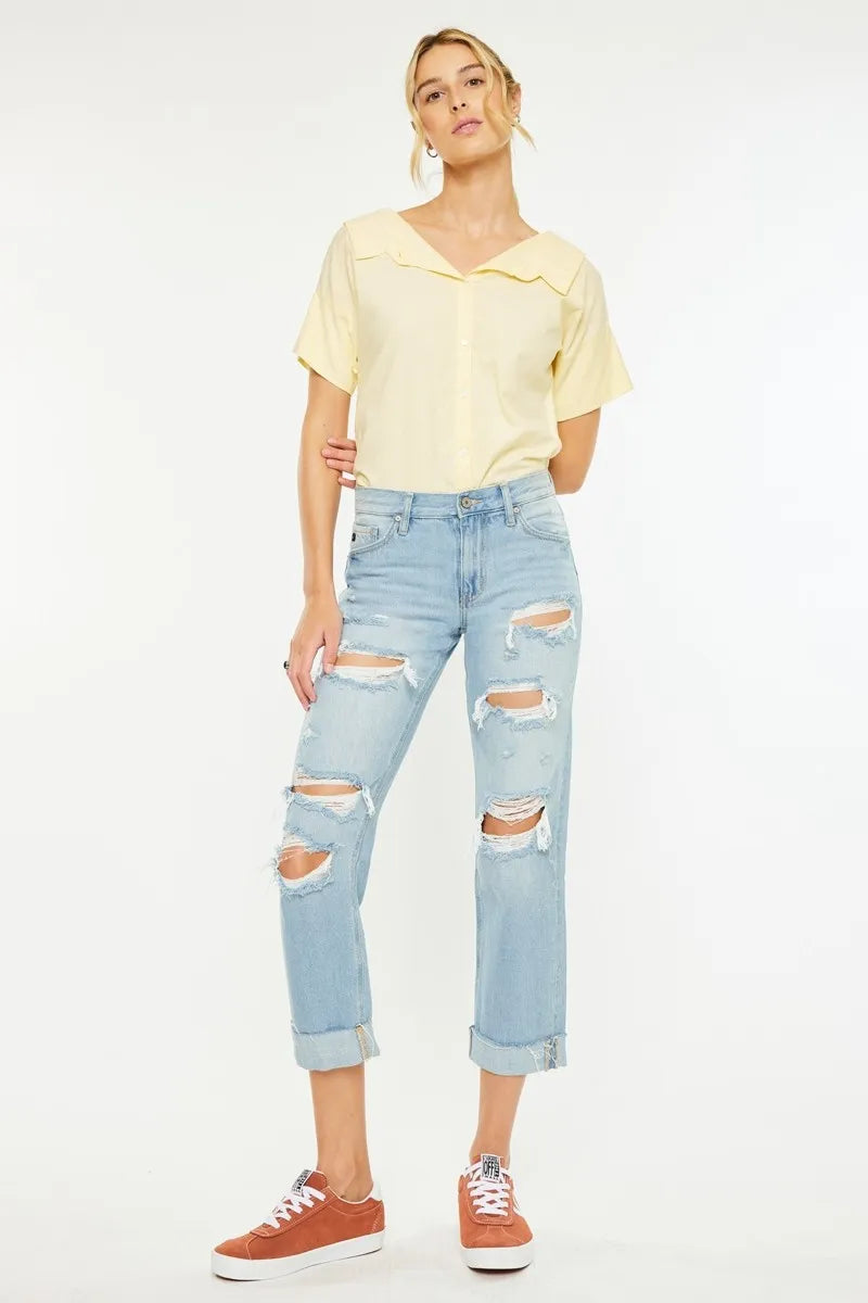 Front view of Kancan Cordelia Boyfriend Jeans in medium wash with mid rise, distressed knees, and relaxed boyfriend fit.