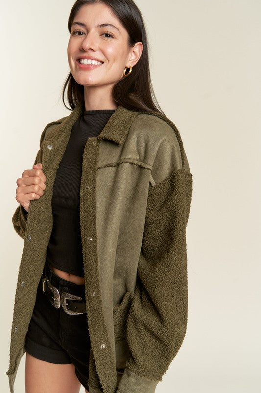Olive Galina faux suede sherpa jacket front view with relaxed oversized silhouette.