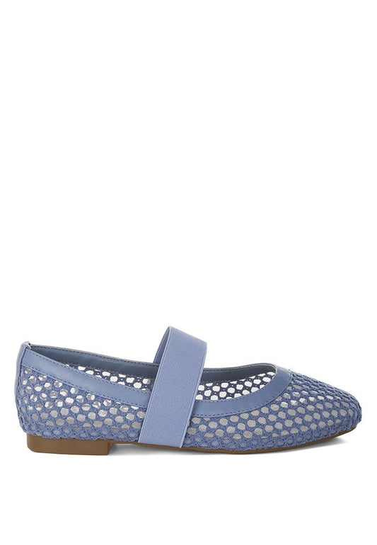 Side profile of Blue Nayela Flats with cushion insole and low flat heel.