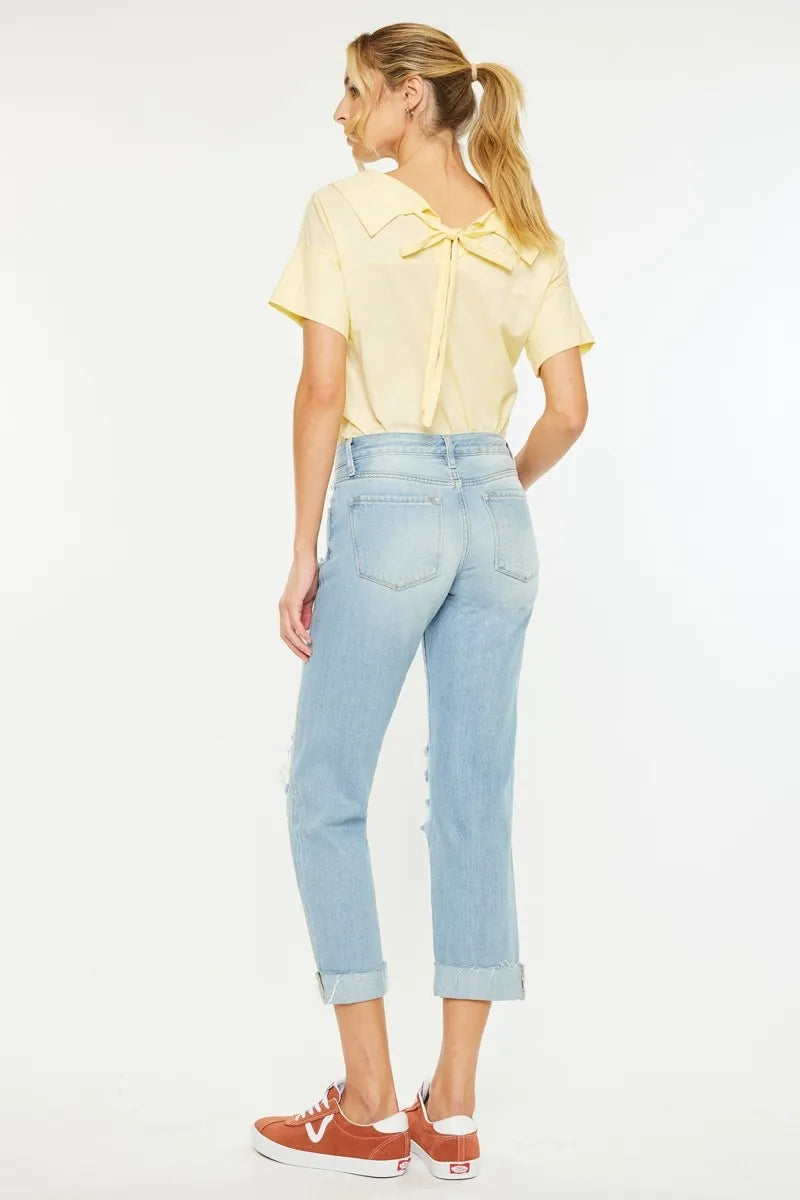 Classic rear view of Cordelia Distressed Boyfriend Jeans, showing mid rise waist, straight leg, and casual denim style.