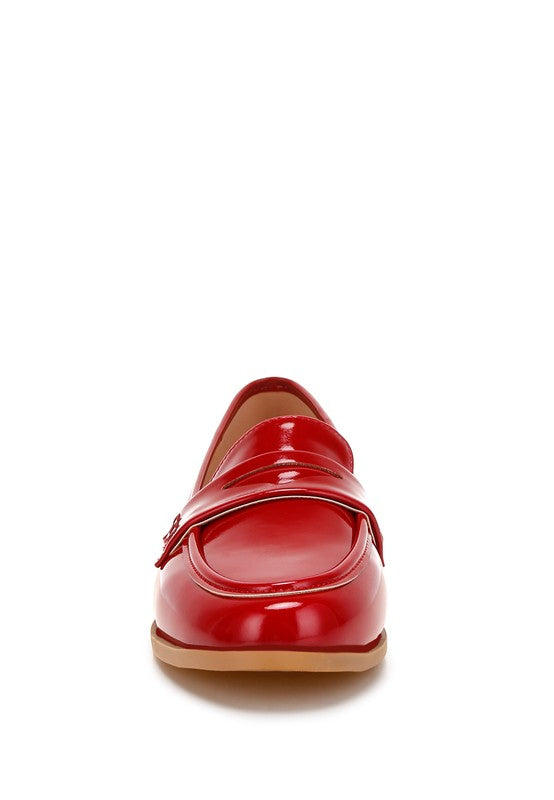 Front view of Red Avery Patent Loafers with penny strap and closed round toe.