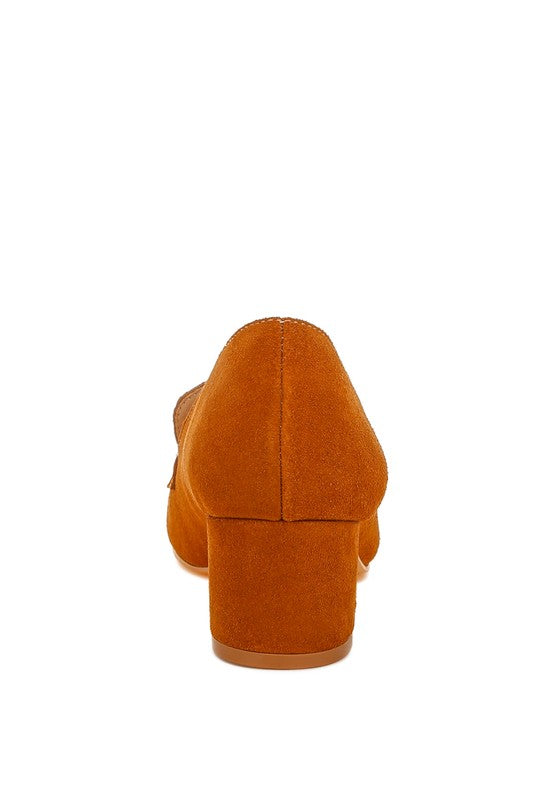 Back view of Tan Ziva Suede Loafer Heels showing block heel and suede upper construction.