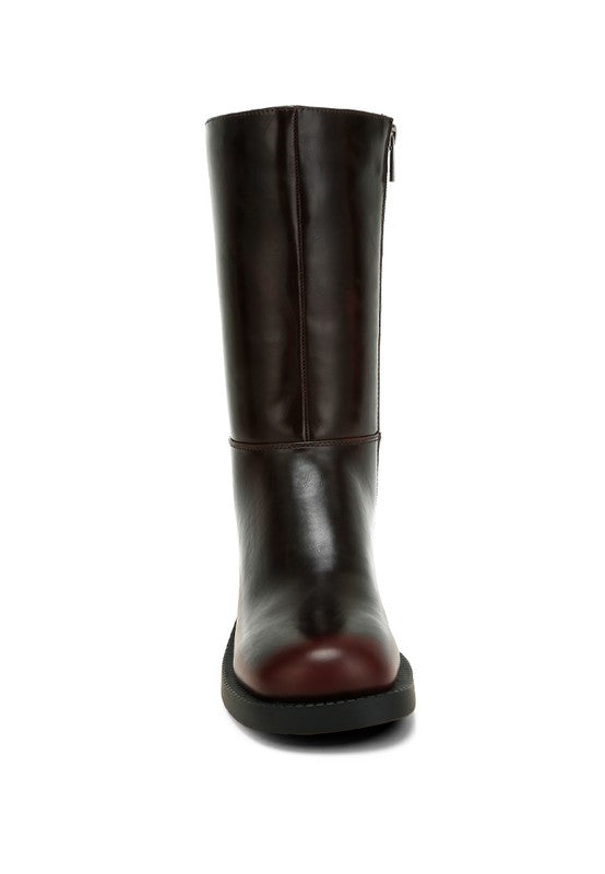 Front view of Soora Block Heel Calf Boots in brown with round toe silhouette