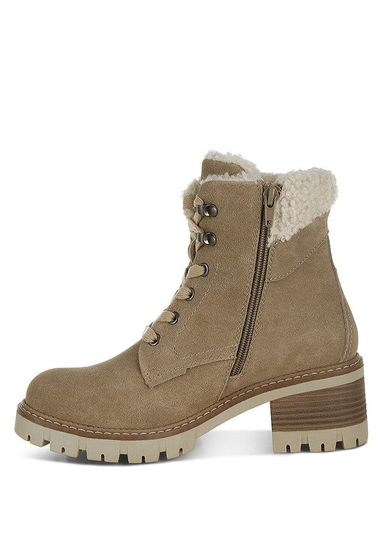 Inside side view of Beige Madoka Chunky Ankle Boots highlighting zipper closure and faux fur trim.