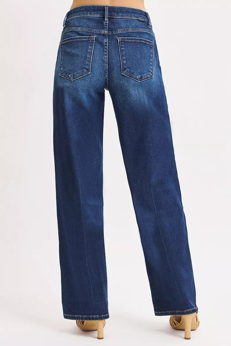 Badu Mid Rise Wide Baggy Jeans Dark Wash back view with classic pockets.