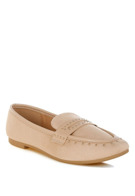Front angle of Beig.e Lumina Penny Strap Studded Loafers with square toe and penny strap detail
