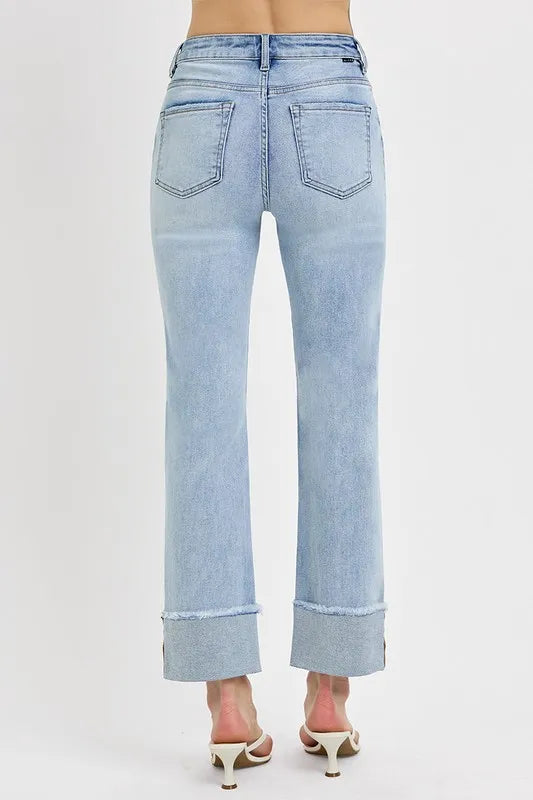 Back view of Lorelei Light Wash High Rise Straight Cuffed Jeans with classic back pockets.