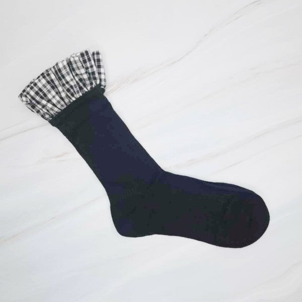 Black Oh So Chic Plaid Ruffle Sock with plaid ruffle top detail.