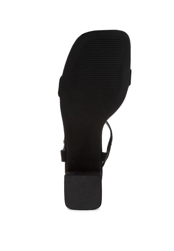 Bottom sole view of black Akiya Square Toe Block Sandals with TP rubber sole