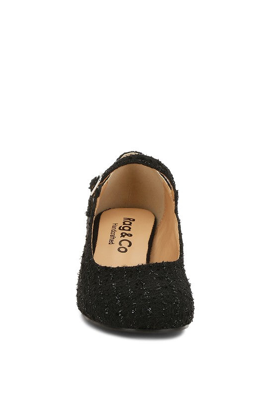 Front view of Black Antara Tweed Mary Jane Heels with round toe and strap fastening.