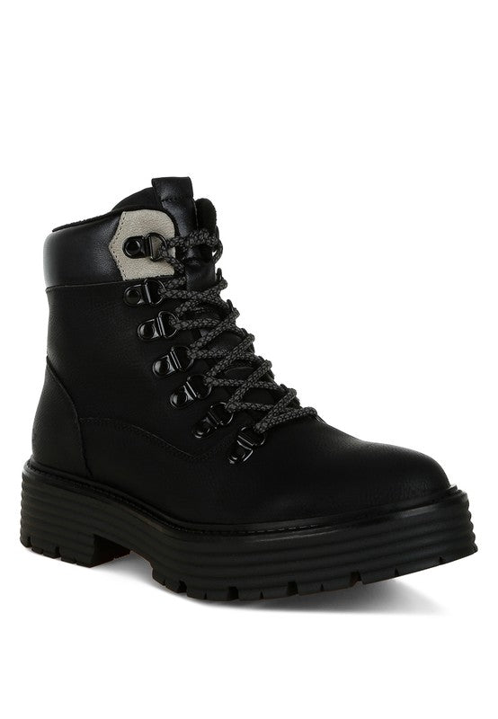 Front angle of Black Boskoff Lace-Up Chunky Ankle Boots with lace-up style and anti-skid lug sole.