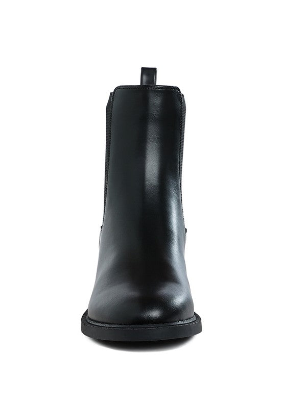 Front view of Tripoli Stacked Heel Chelsea Boots in vegan leather with closed round toe and elastic gussets.
