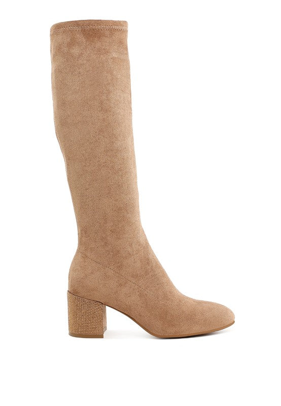 Sinaloa Microfiber Knee High Boots Camel side profile highlighting block heel