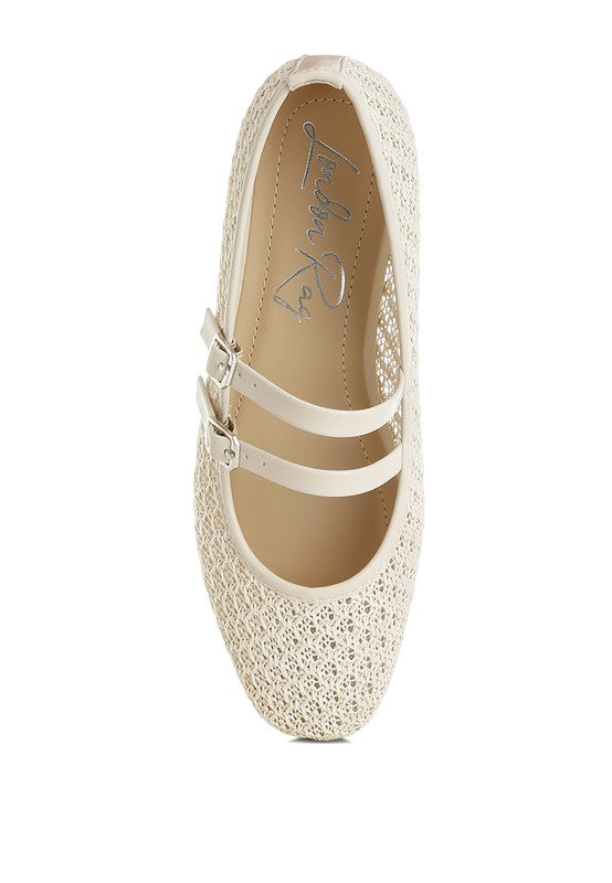 Top view of Warena Ballerinas in beige, dual pin-buckle straps and square toe shape