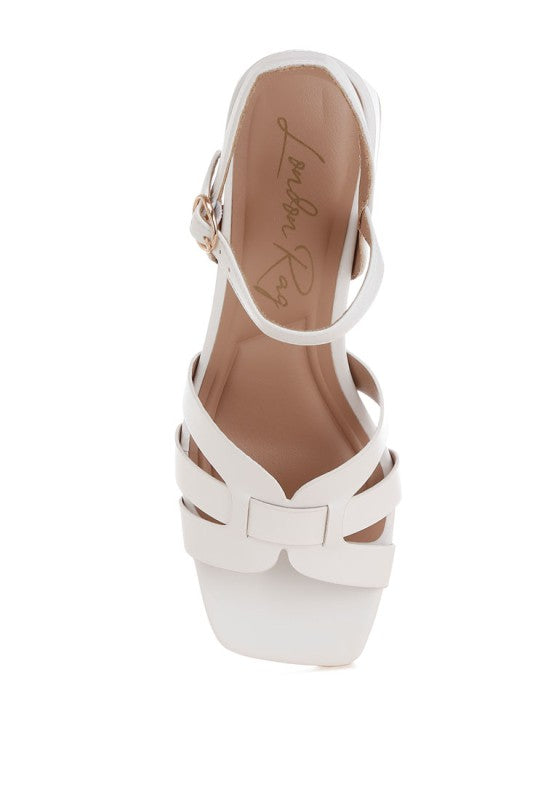 Top view of white Eliska Strappy Block Heels with cushioned insole.