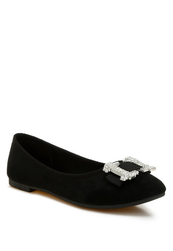 Prajik Black Ballerinas front angle with rhinestone buckle detail