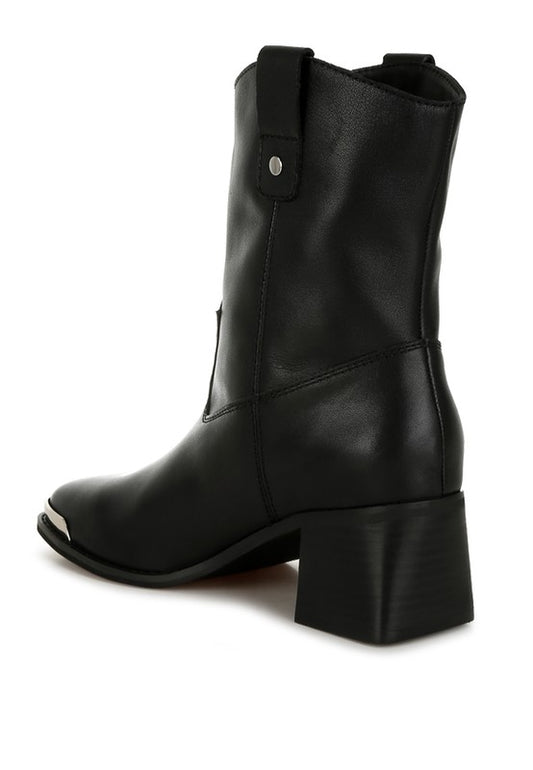 Back angle of Iliad Leather Ankle Boots with flared block heel and pull tabs.