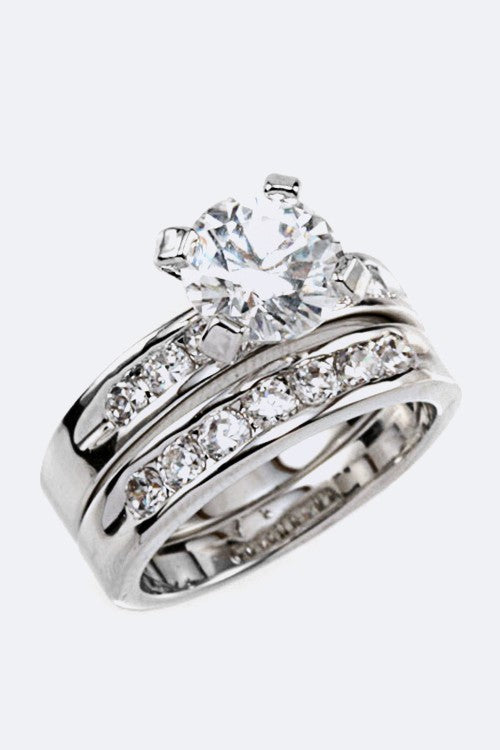 Rhodium-plated Audrey Double Ring Set with sparkling cubic zirconia stones, shown stacked together