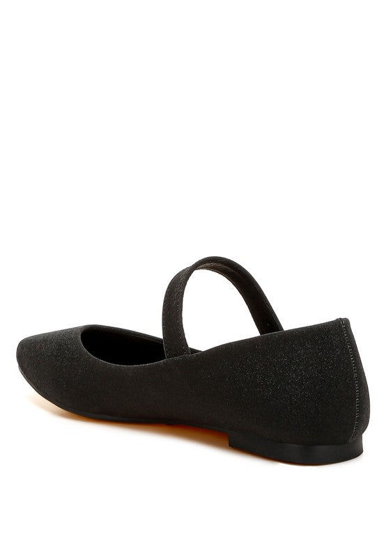 Inside angle of black glitter ballerinas showing strap and soft lining.