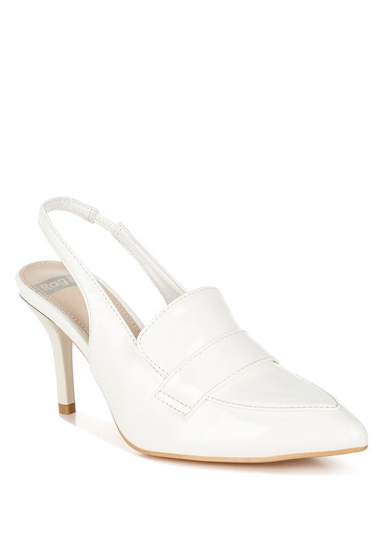 Front angle of White Voisin Slingback Loafer Heels with pointed toe and patent finish.