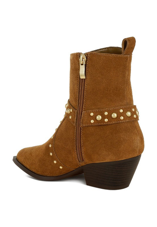 Rodeo Studded Suede Ankle Boots Taupe back angle showing pull tab and stacked heel
