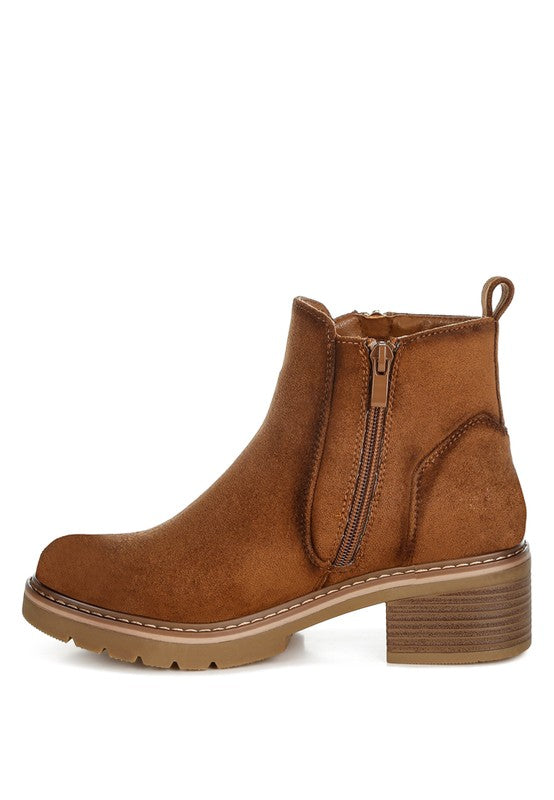 Side angle of Brown Tigris Microfiber Zipper Boots with cushioned insole and minimalist design.