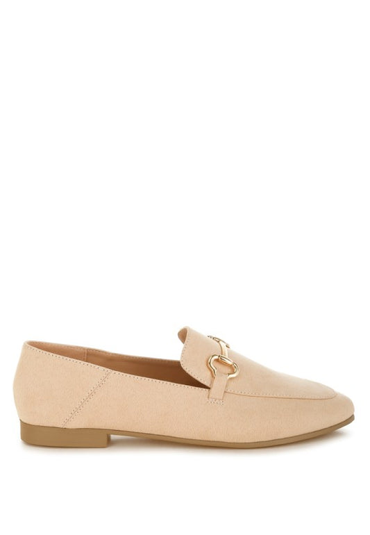 Side view of Beige Noltas Loafers showing sleek microfiber design and flat heel.