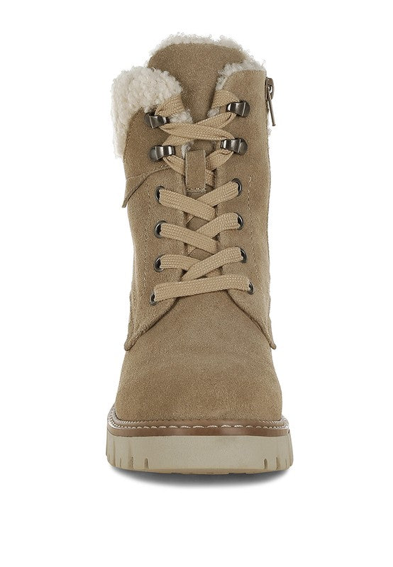 Front view of Beige Madoka Chunky Ankle Boots showing lace-up style and faux fur collar detail.
