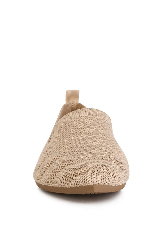 Akili Knit Textile Solid Flats in beige, classic front view with almond toe