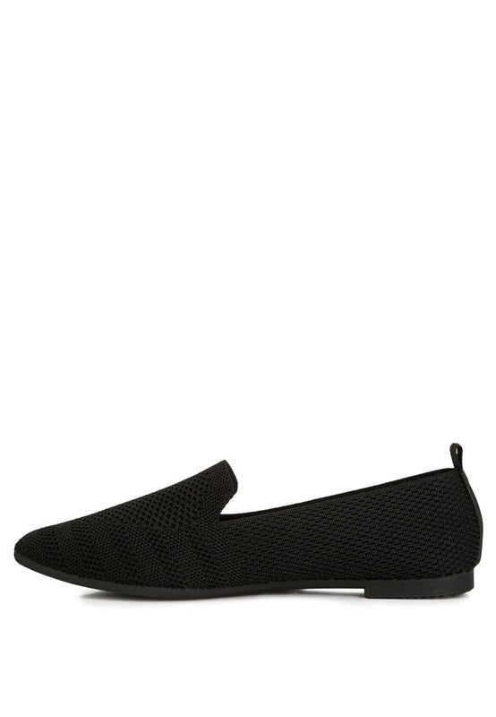 Akili Knit Textile Solid Flats in black, side profile with textured knit upper