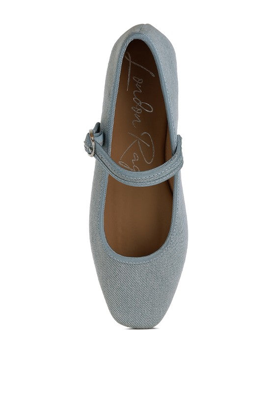 Iker Denim Ballerinas - Pin Buckle, Cushioned Insole, Flat Heel