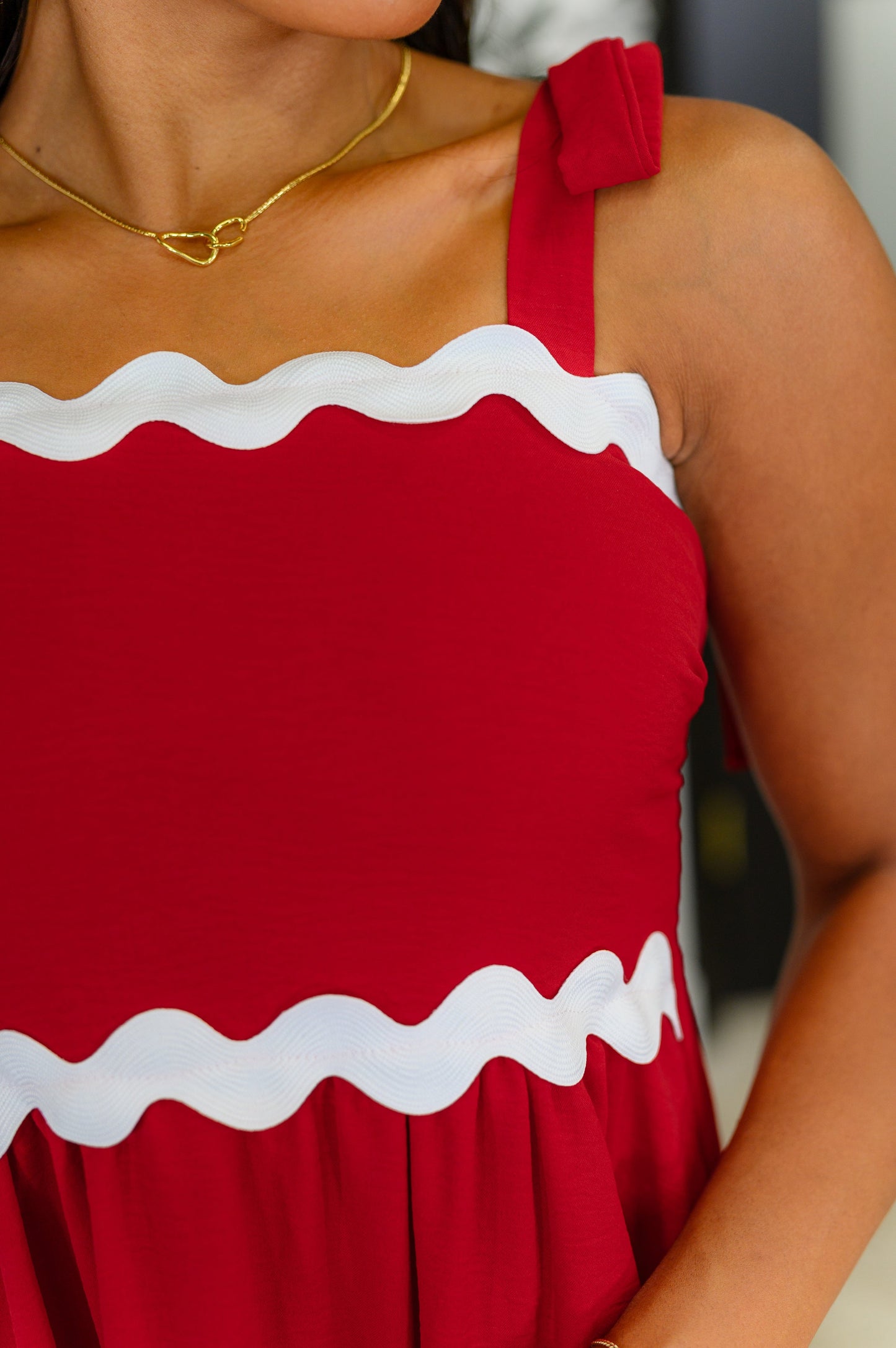 Close up view of ric rac detail on Brea dress.