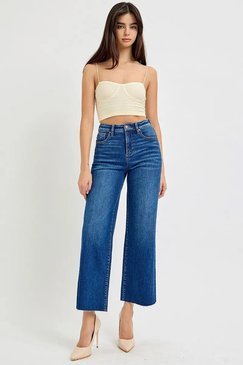Casual outfit with Adrina tummy control dark wash wide crop jeans, styled with trendy cropped length.