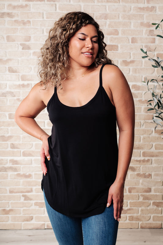 Plus size Aria Black Tank front view – scoop neck, sleeveless, high-stretch jersey knit for comfort and style.